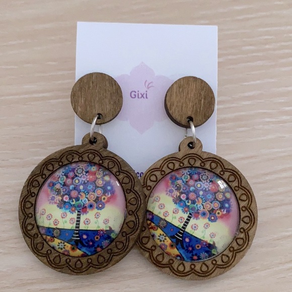 Tree of life wooden multicolored earrings NWT - Picture 4 of 5